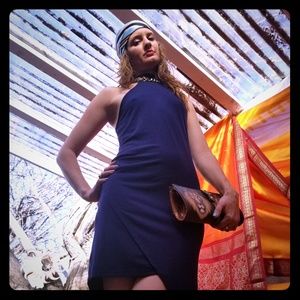 Navy baby hi neck asymmetrical cocktail dress